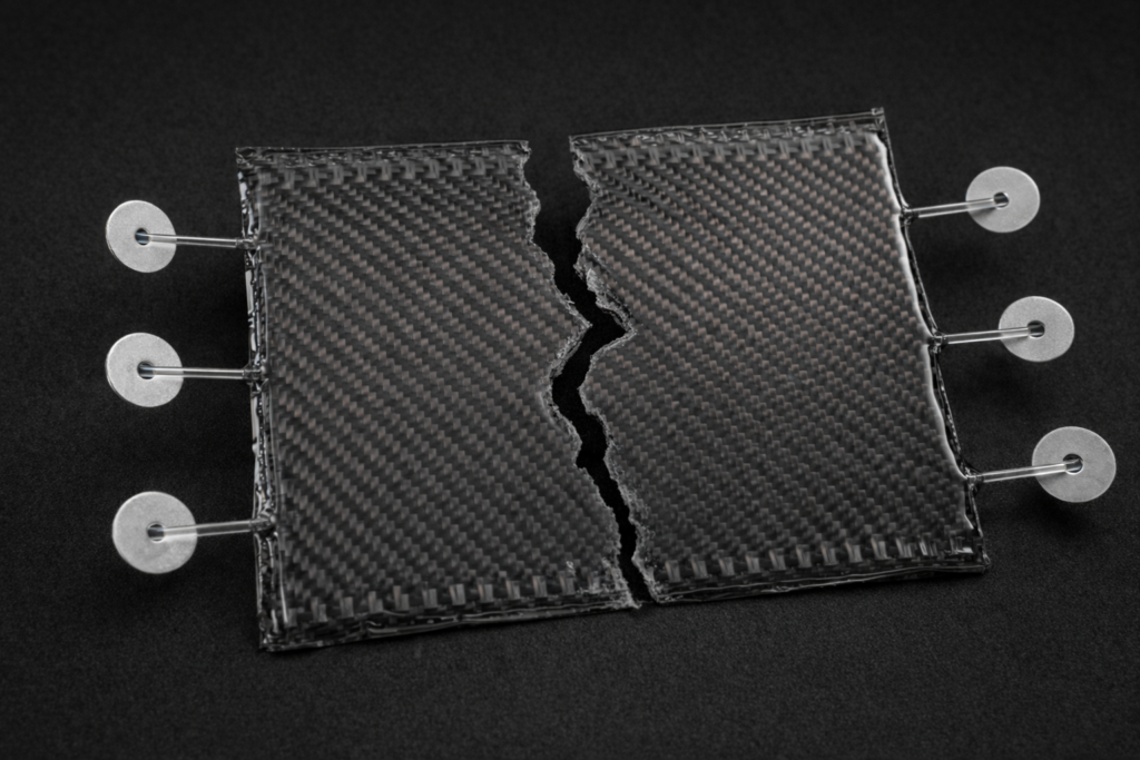 broken composite part with epoxy core fiber optic